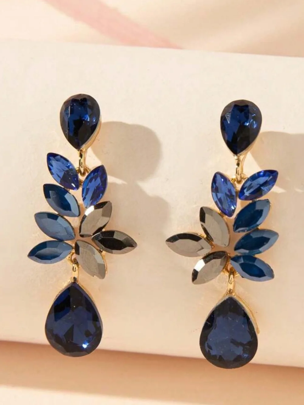 Elegant Navy Blue Teardrop Crystal Leaf Earrings